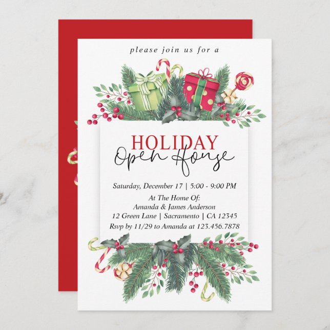 Watercolor Winter Greenery Holiday Open House Invitation (Front/Back)