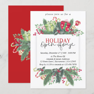 Watercolor Winter Greenery Holiday Open House Invitation