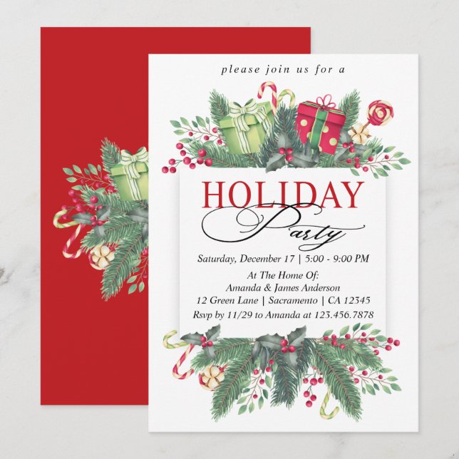 Watercolor Winter Greenery Holiday Party Invitation (Front/Back)