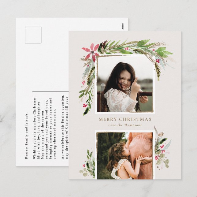 Watercolor Winter Greenery Holiday Photo Card (Front/Back)