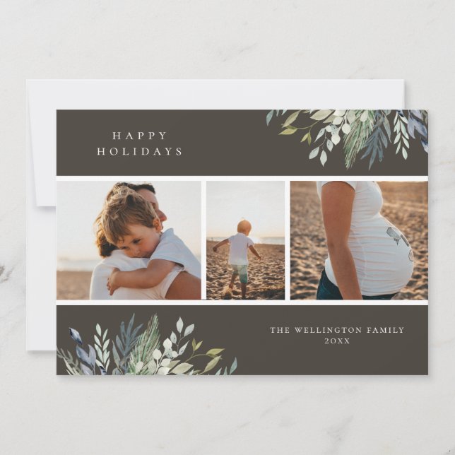 Watercolor Winter Greenery Holiday Photo Collage (Front)