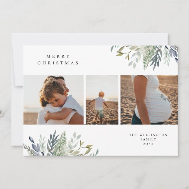Watercolor Winter Greenery Holiday Photo Collage (Front)