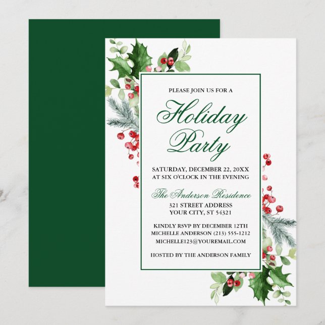 Watercolor Winter Greenery Holly Holiday Party Invitation (Front/Back)