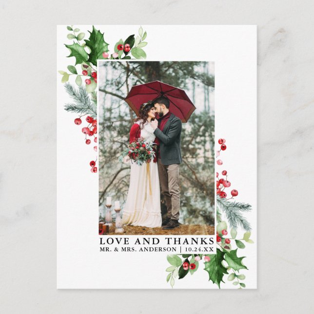 Watercolor Winter Greenery Love and Thanks Wedding Postcard (Front)