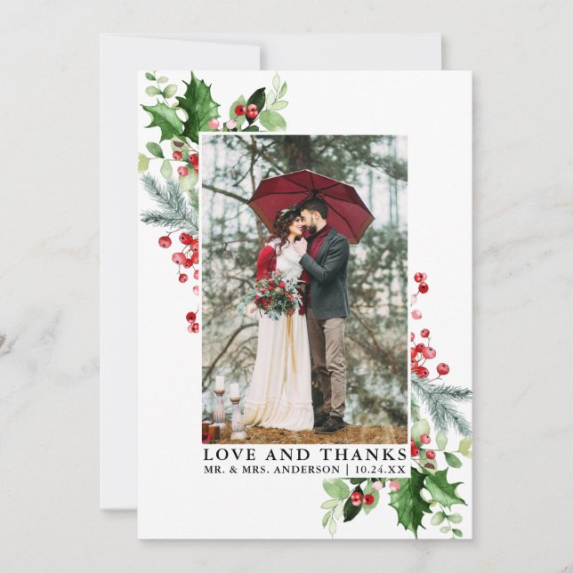 Watercolor Winter Greenery Love Thanks Wedding Thank You Card (Front)