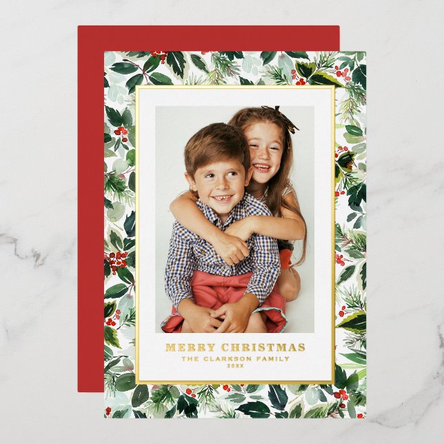 Watercolor Winter Greenery Merry Christmas Photo Foil Holiday Card (Front/Back)