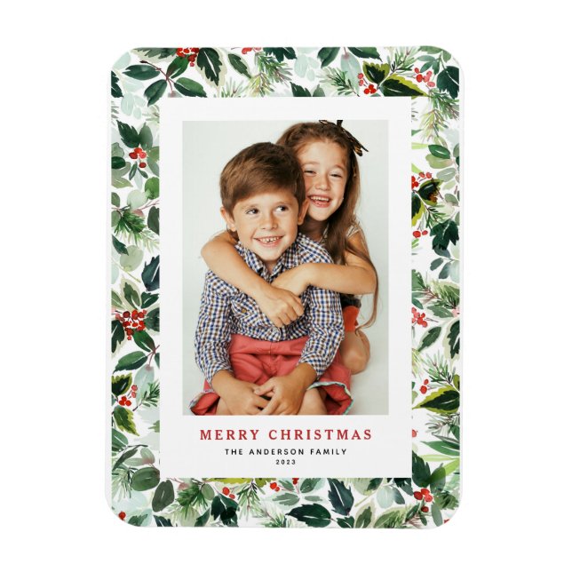 Watercolor Winter Greenery Merry Christmas Photo Magnet (Vertical)