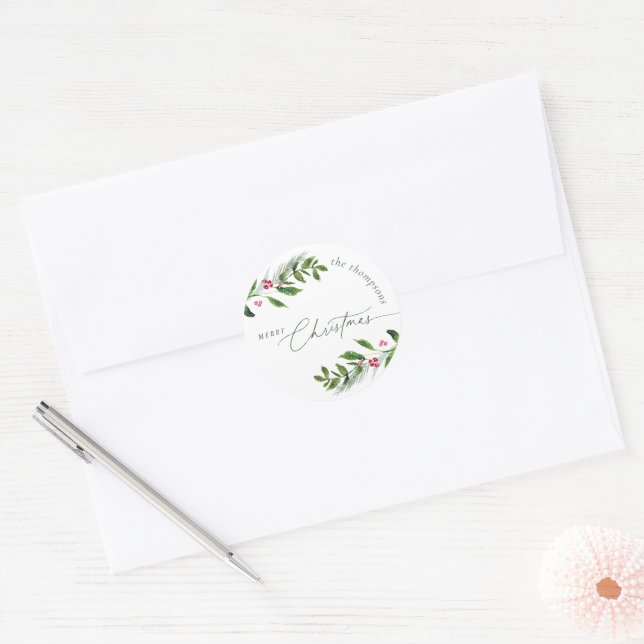 Watercolor Winter Greenery Modern Christmas Classic Round Sticker (Envelope)