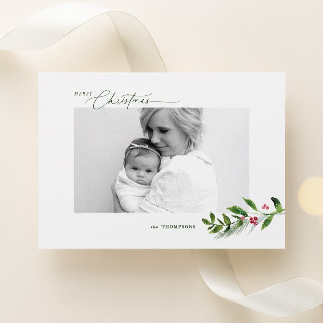 Watercolor Winter Greenery Modern Christmas Photo Holiday Card (Creator Uploaded)