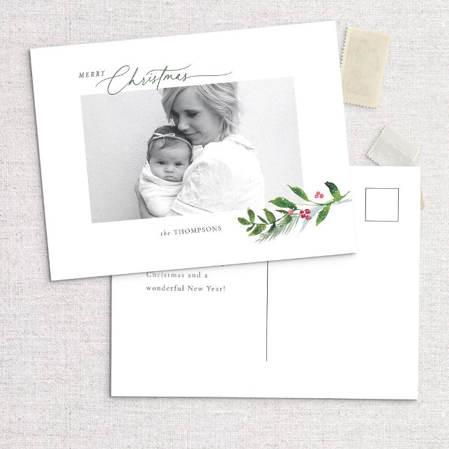 Watercolor Winter Greenery Modern Christmas Photo Postcard (Creator Uploaded)