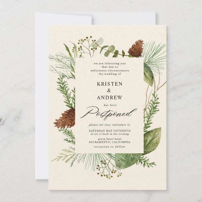 watercolor winter greenery  postponed  Wedding Invitation (Front)