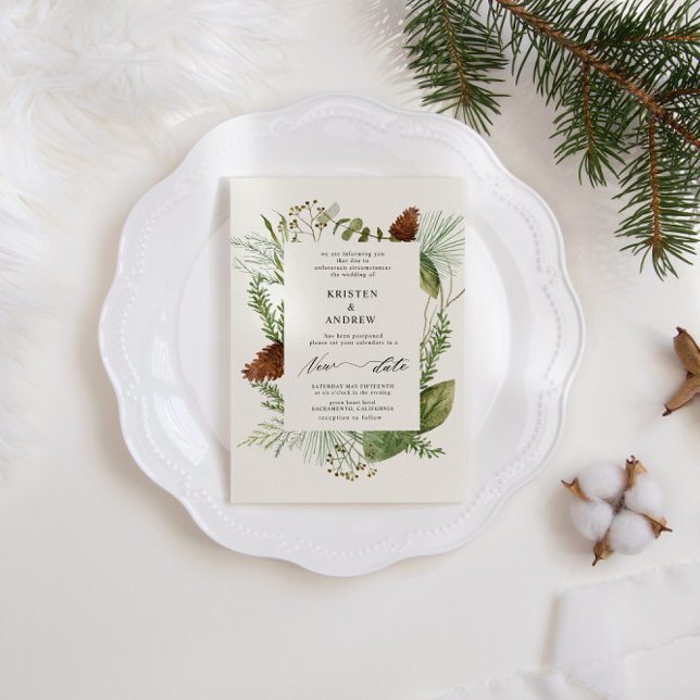 Watercolor Winter Greenery Postponed Wedding Invitation (Creator Uploaded)