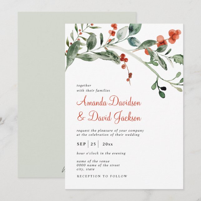 Watercolor Winter Greenery & Red Berries Wedding Invitation (Front/Back)