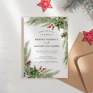 Watercolor Winter Greenery Red Berries Wedding Invitation