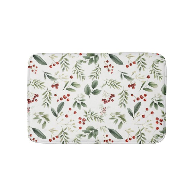 Watercolor Winter Greenery & Red Berry Botanical Bath Mat (Front)