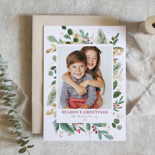 Watercolor Winter Greenery Season's Greetings Holiday Card (Watercolor and Faux Gold Foil Winter Greenery Photo Season's Greetings Card)