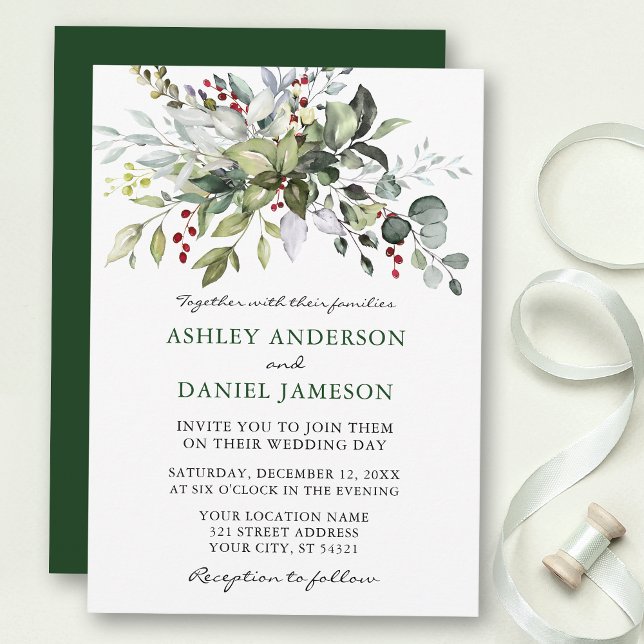 Watercolor Winter Greenery Wedding Invitation (Customize to change text size, style or color of back of card.)