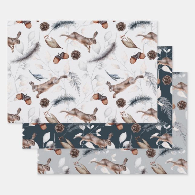 Watercolor Winter Hare Wrapping Paper Sheet (Set)