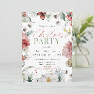 Watercolor Winter Holiday Floral Christmas Party Invitation