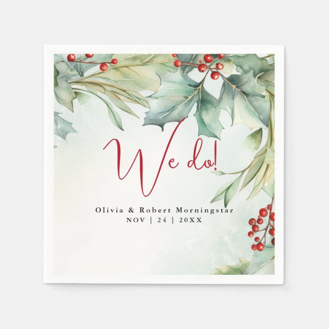 Watercolor Winter Holly and Berries Napkin (Front)