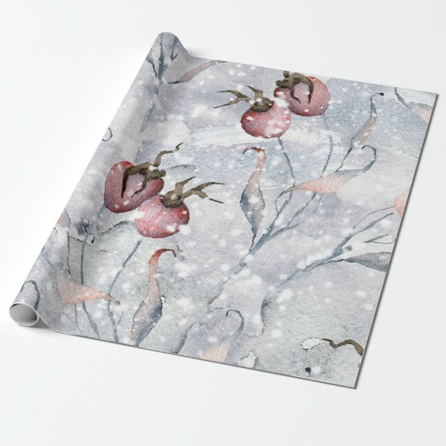 Watercolor Winter Holly Berries and Snow Christmas Wrapping Paper (Unrolled)