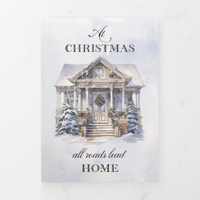 Watercolor Winter Home Christmas Greetings Tri-Fold Card (Cover)