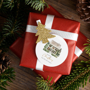 Watercolor Winter House Christmas  Classic Round Sticker