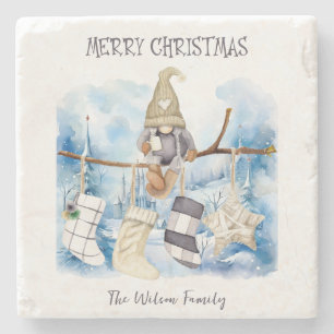 Watercolor Winter Lady Gnome Merry Christmas Stone Coaster
