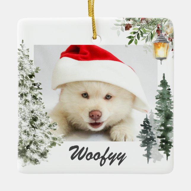 Watercolor Winter Landscape Christmas Photo Pet Ceramic Ornament (Front)