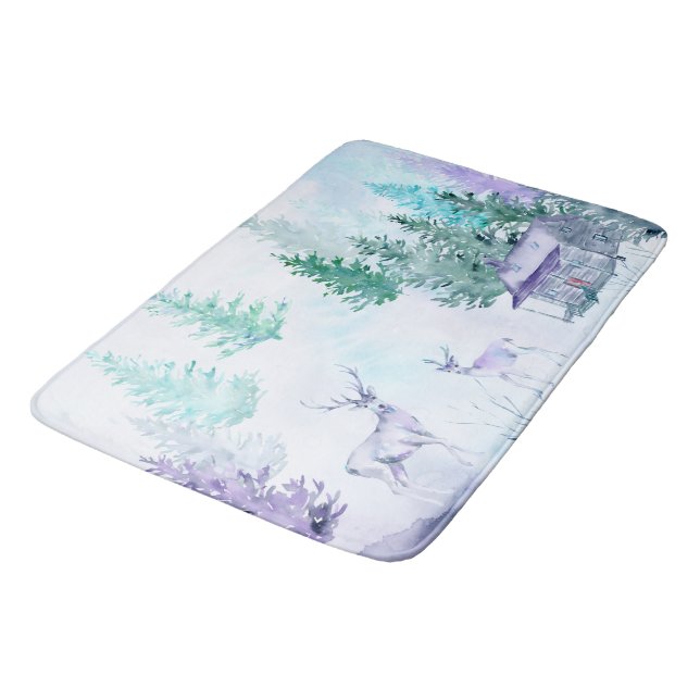 Watercolor Winter Landscape Happy Holidays Bath Mat (Angled)