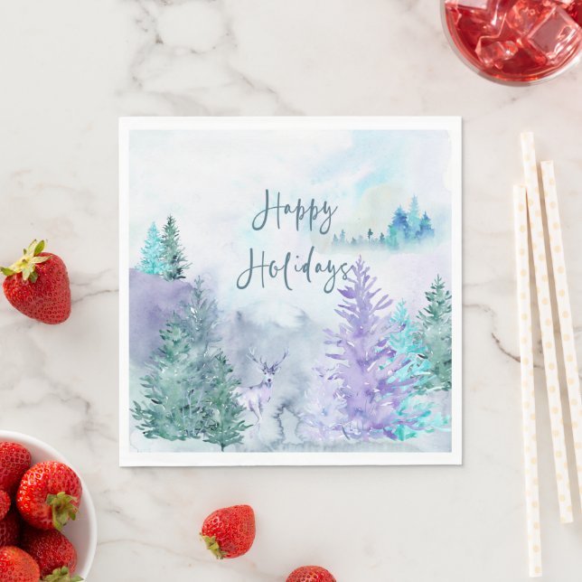 Watercolor Winter Landscape Happy Holidays Napkin (Insitu)