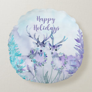Watercolor Winter Landscape Happy Holidays Round Cushion