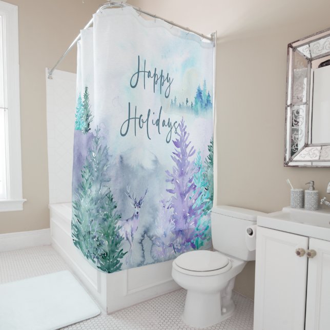 Watercolor Winter Landscape Happy Holidays Shower Curtain (In Situ)