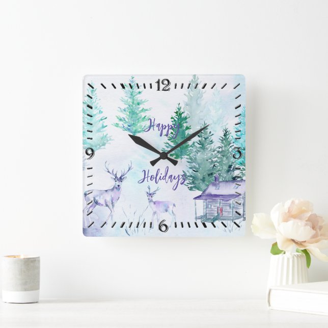Watercolor Winter Landscape Happy Holidays Square Wall Clock (Home)