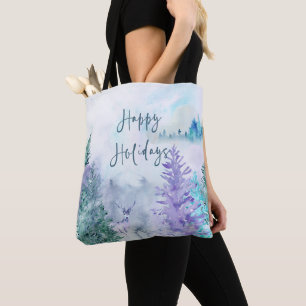 Watercolor Winter Landscape Happy Holidays Tote Bag