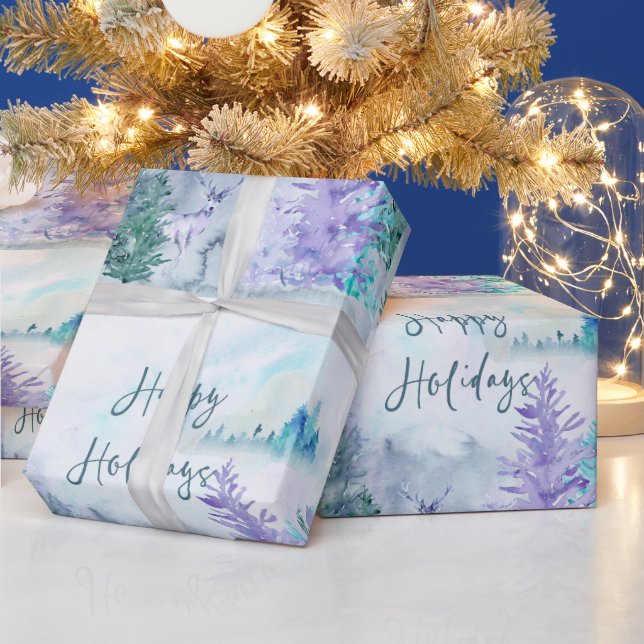 Watercolor Winter Landscape Happy Holidays Wrapping Paper (Holidays)