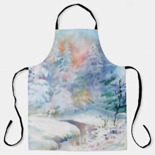 Watercolor winter landscape illustration apron