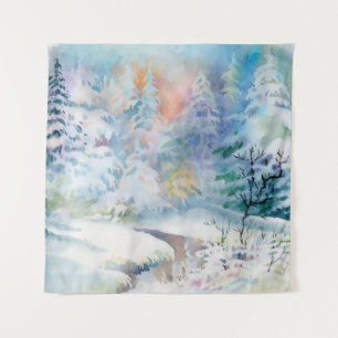 Watercolor winter landscape illustration tapestry