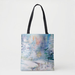 Watercolor winter landscape illustration tote bag