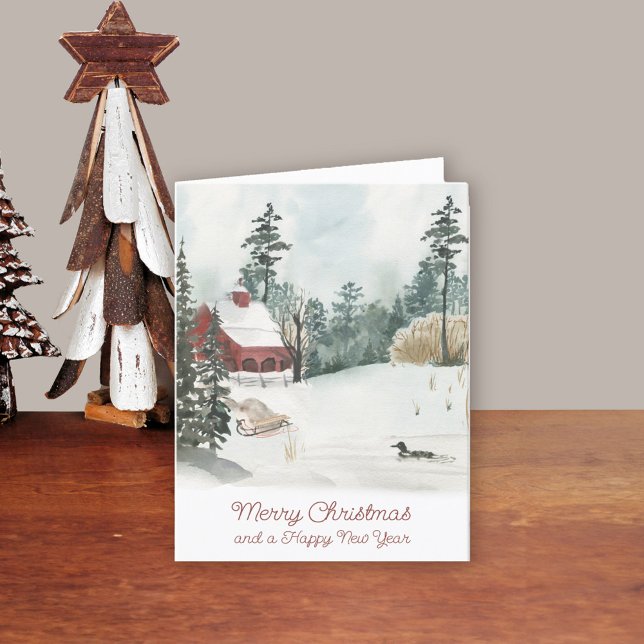 Watercolor Winter Landscape White Christmas Holiday Card (Traditional Christmas Card. Buy professionally printed or as printable digital download.)