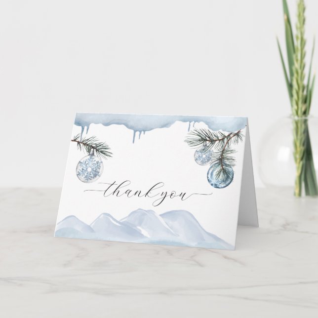 Watercolor Winter Mountain Snowflake Baby Shower  Thank You Card (Front)