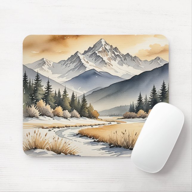 Watercolor Winter Mountain Valley Mouse Mat (With Mouse)