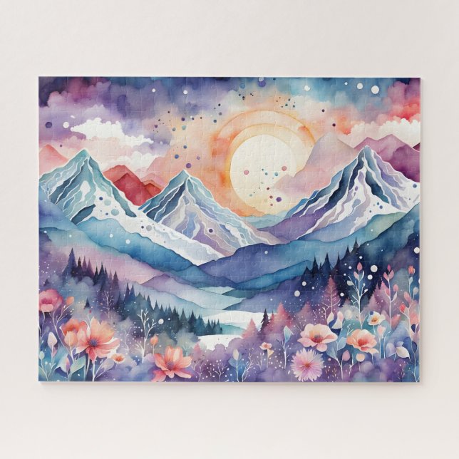 Watercolor Winter Mountains Boho Aesthetic Puzzle (Horizontal)