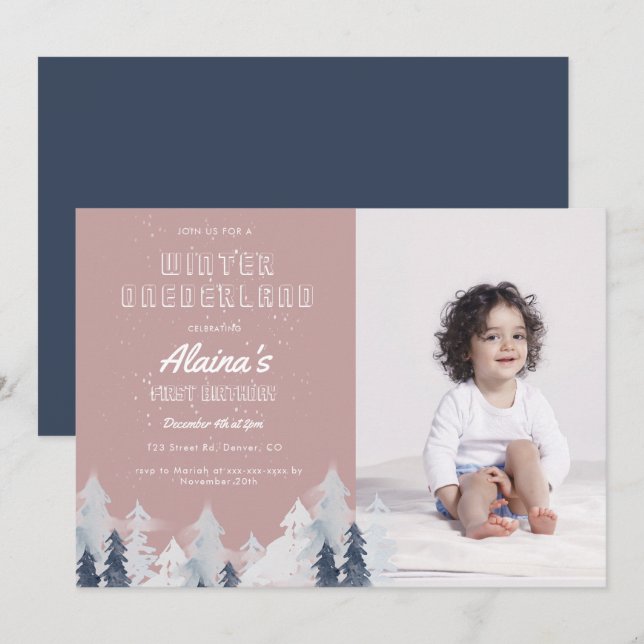 Watercolor Winter Onederland Birthday Party   Invitation (Front/Back)