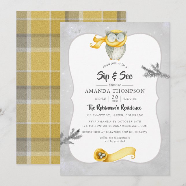Watercolor Winter Owl Christmas Sip and See Invitation (Front/Back)