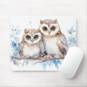 Watercolor Winter Owls On Branch Mouse Mat