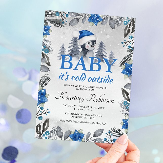 Watercolor Winter Penguin Blue Baby Shower Invitation (Creator Uploaded)