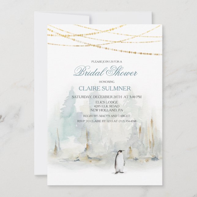 Watercolor Winter Penguin Bridal Shower Invitation (Front)