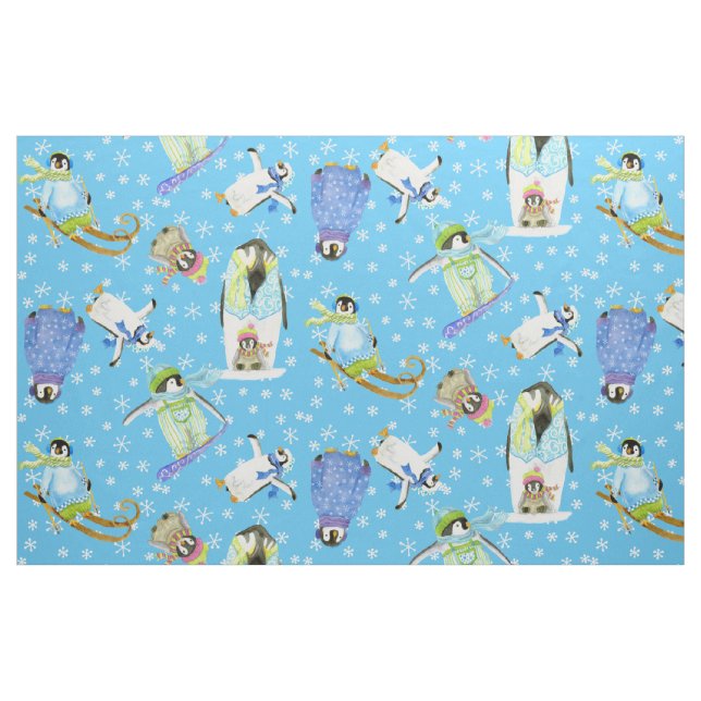 Watercolor Winter Penguins w Snowflakes Snowboard Fabric (Fat Quarter)
