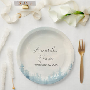 Watercolor Winter Pine Forest Custom Name Paper Plate